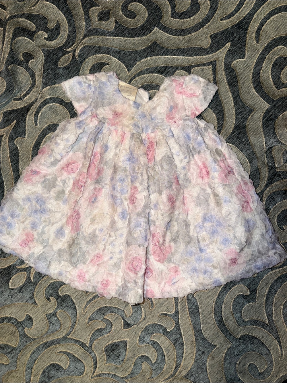 First Impressions White Floral Textured Dress with Pink & Blue Accents